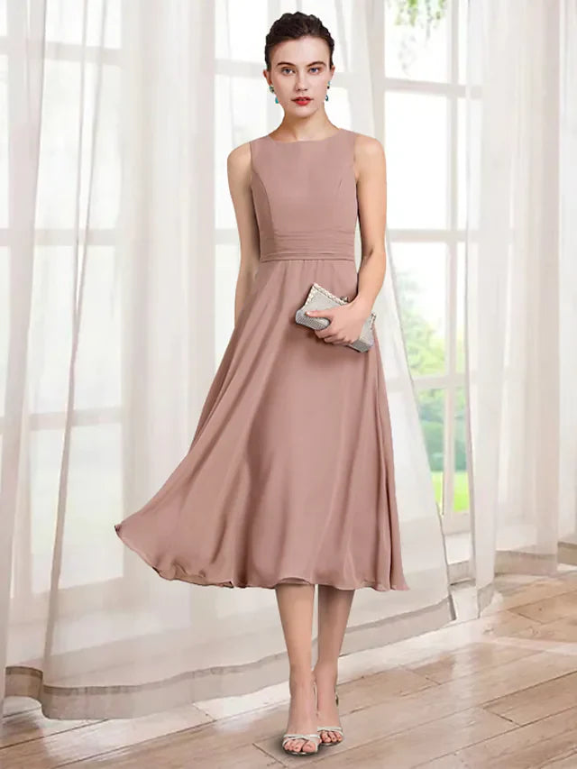 Wholesale A-Line Mother of the Bride Dress Elegant Jewel Neck Tea Length Chiffon Lace 3/4 Length Sleeve with Appliques